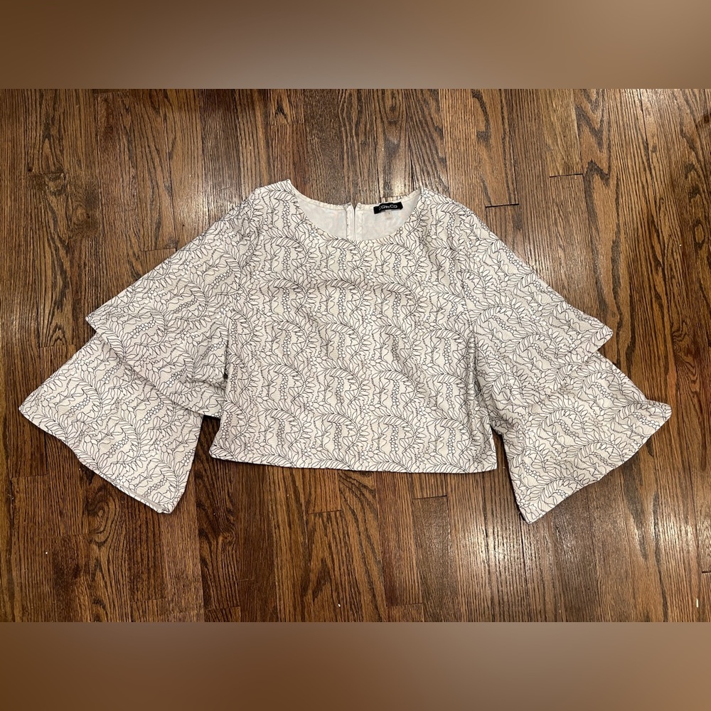 CQ by CQ Women's Lace Double Bell Sleeve White with Black Floral Top Blouse